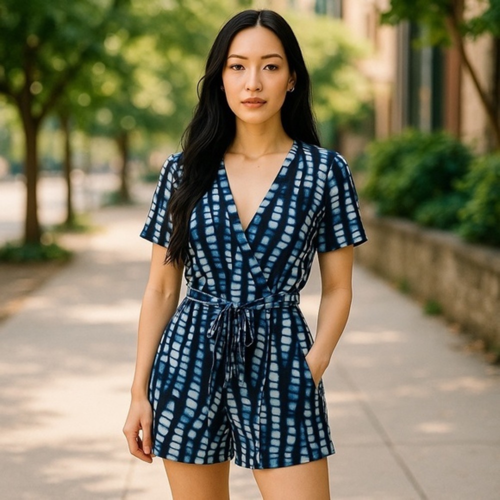 Veronica M Wrap-Style Romper in Tie-Dye Blue XS
